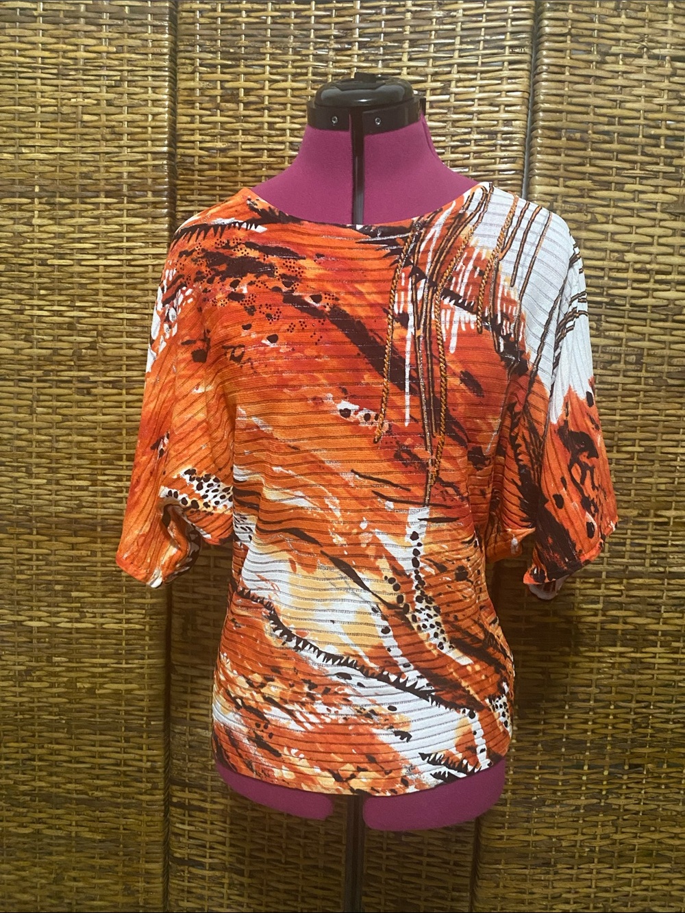 EUC Alberto Makali Brown, orange, white silver Beaded Short Sleeve Sweater L